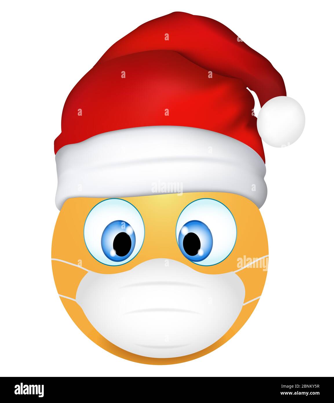 Emoji emoticon wearing medical mask and Santa Claus hat. Funny emoticon. Coronavirus outbreak protection concept. Merry Christmas. 3d illustration. Stock Photo