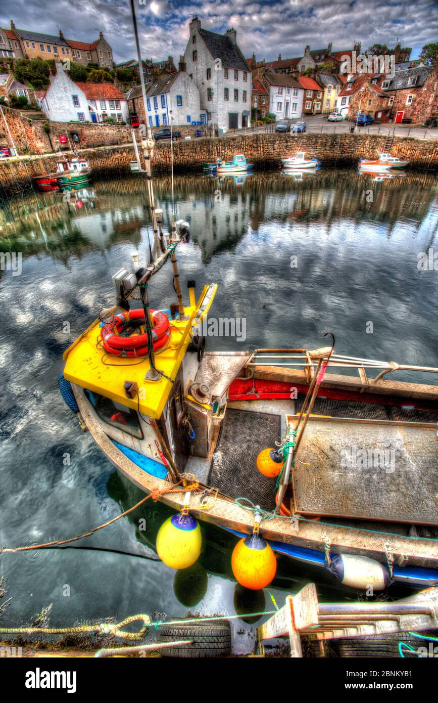 Town of Crail, Scotland. Artistic view of a fishing boat berthed at Crail harbour. Stock Photo