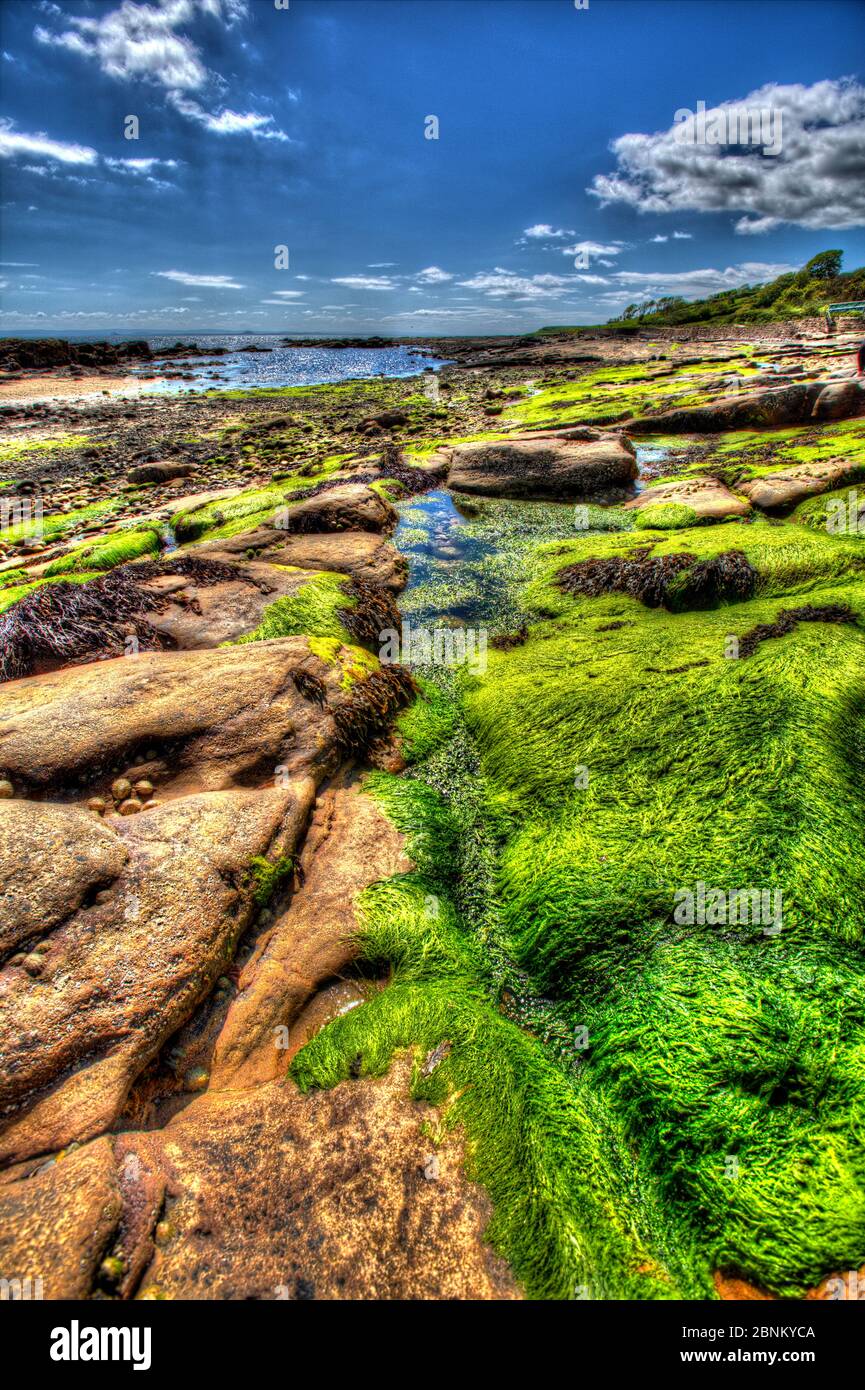 Town of Crail, Scotland. Artistic view of the rocky shoreline at Roome Bay, in the Fife town of Crail. Stock Photo