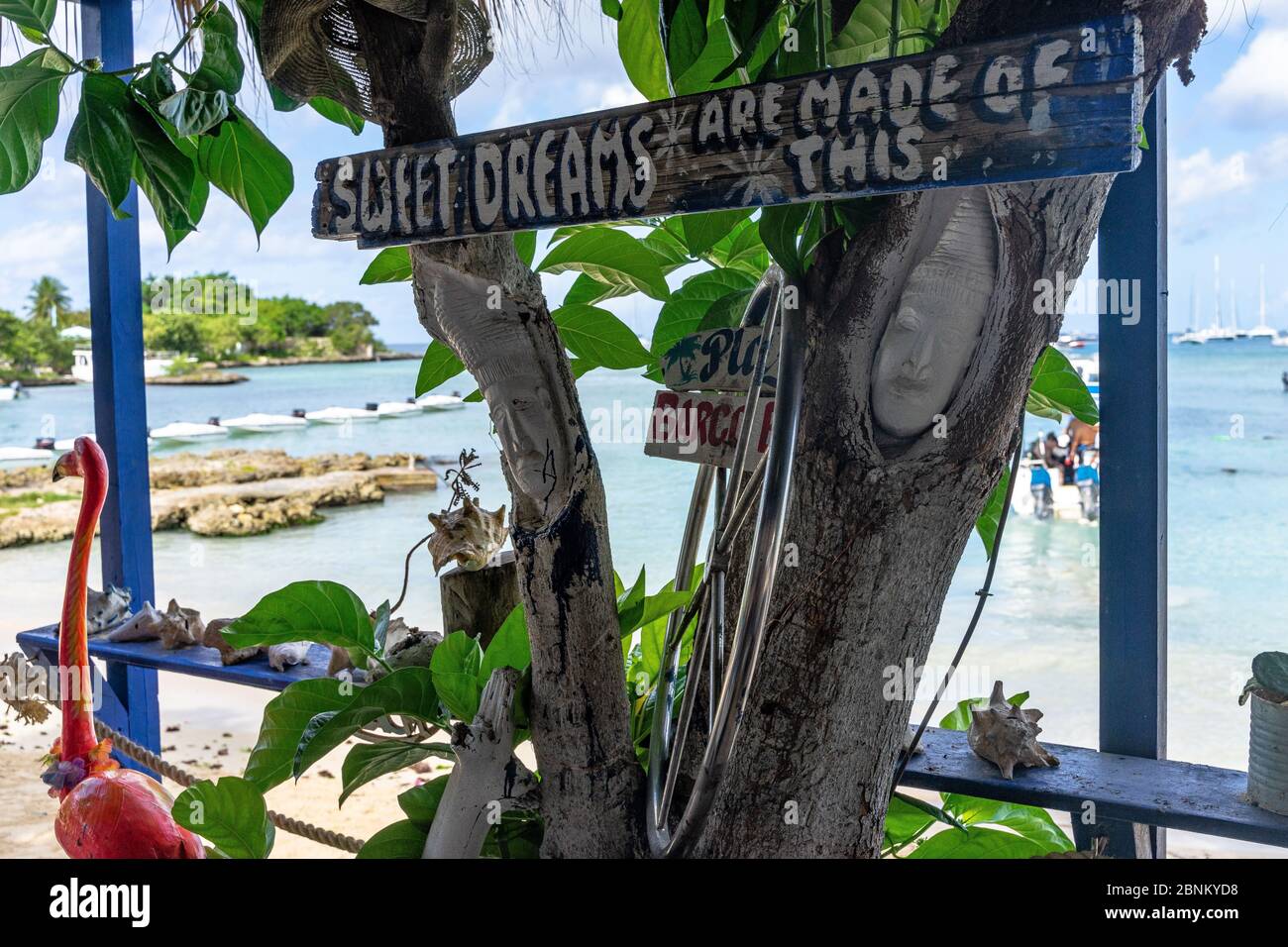 America, Caribbean, Greater Antilles, Dominican Republic, La Altagracia Province, Bayahibe, Caribbean decoration in a beach cafe in Bayahibe Stock Photo