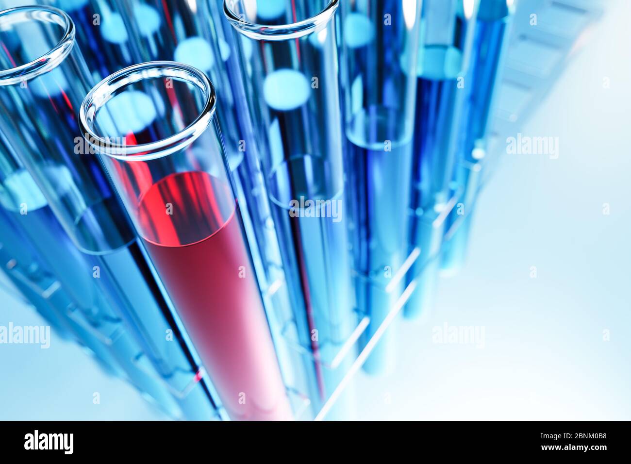 Test tubes with red or blue liquid in a holder. Testing laboratory, covid-19 test, chemical testing facility, medical testing. Wide angle perspective Stock Photo