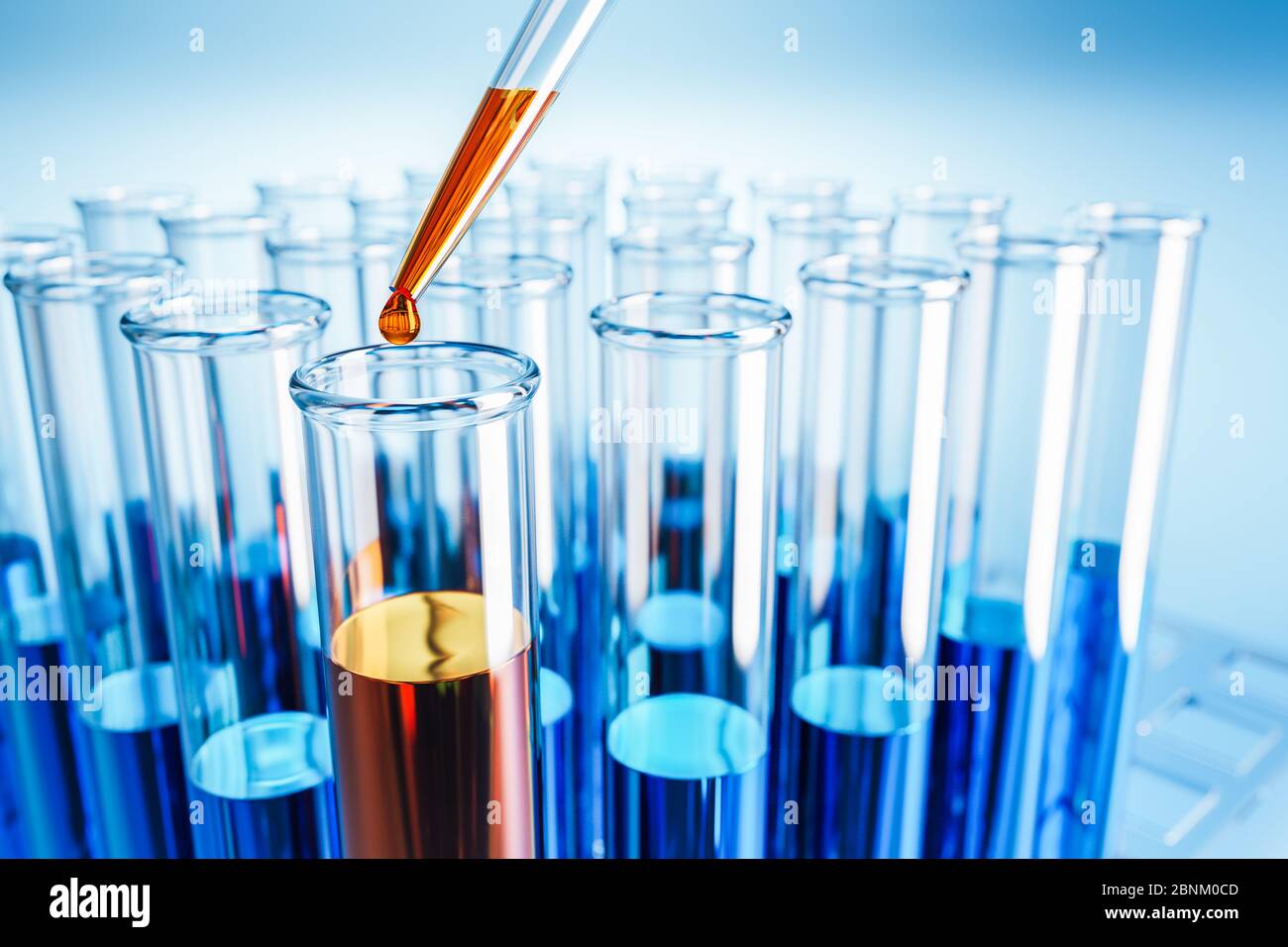 Test tubes with orange or blue liquid in a holder. Dropping glass with a drop above. Testing laboratory, SARS-CoV-2 test, chemical testing facility, m Stock Photo