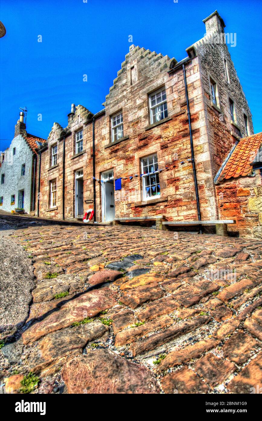 Town of Crail, Scotland. Picturesque view of the cobbled King Street, near the fishing harbour in the Scottish town of Crail. Stock Photo