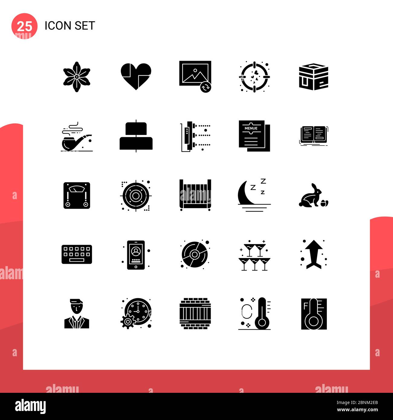 Pictogram Set of 25 Simple Solid Glyphs of holy, goal, chocolate, target, heart Editable Vector Design Elements Stock Vector