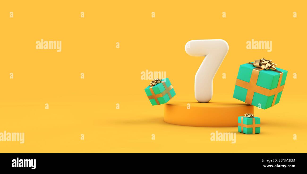 Happy 7th birthday number and gifts on a yellow podium. 3D Render Stock