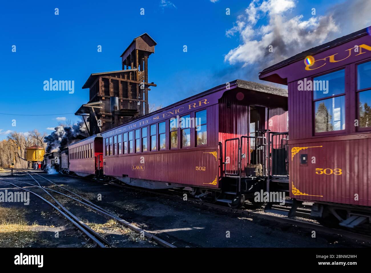 Passenger train leaving Chama Station of the Cumbres & Toltec Scenic