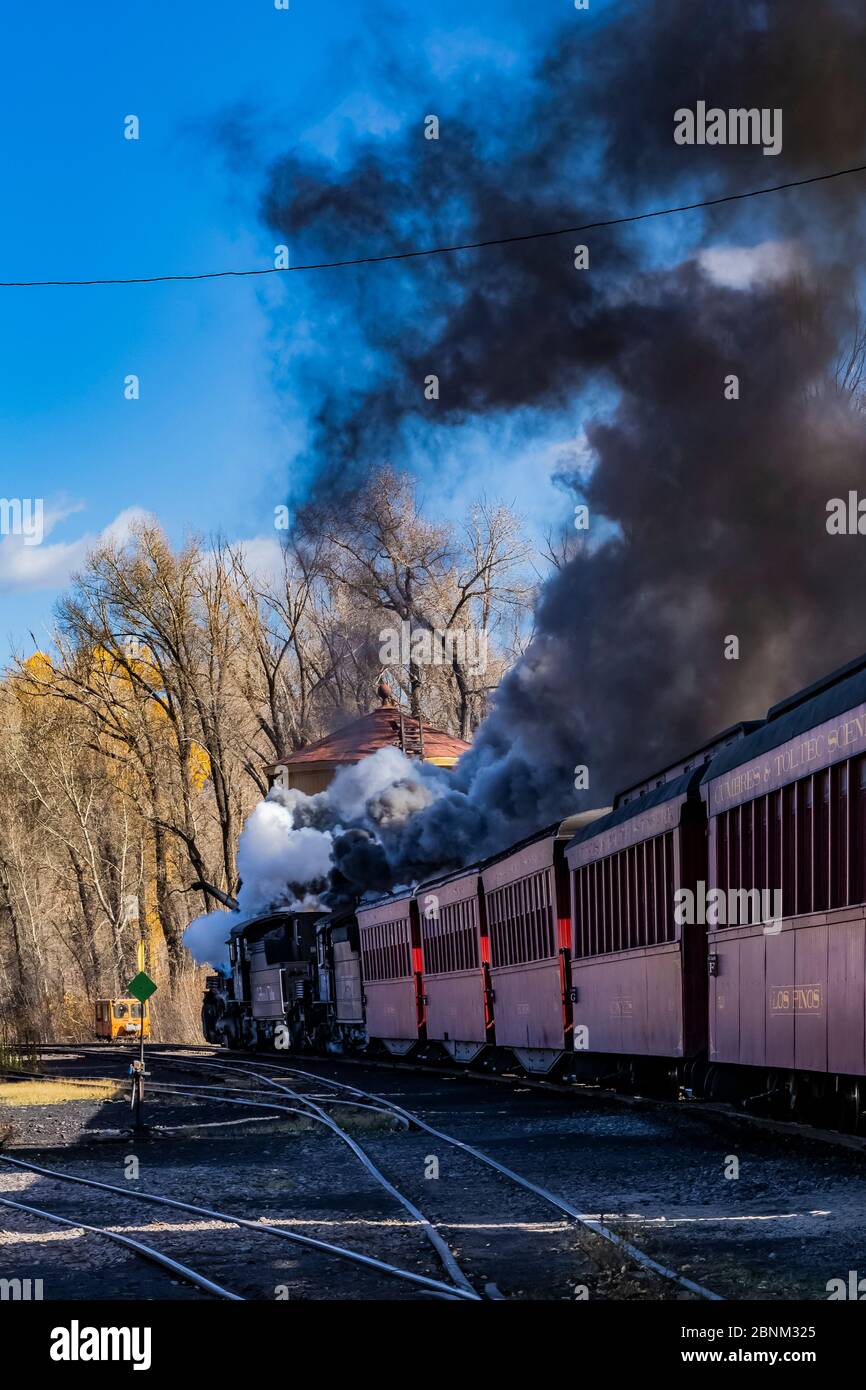 Passenger train leaving Chama Station of the Cumbres & Toltec Scenic