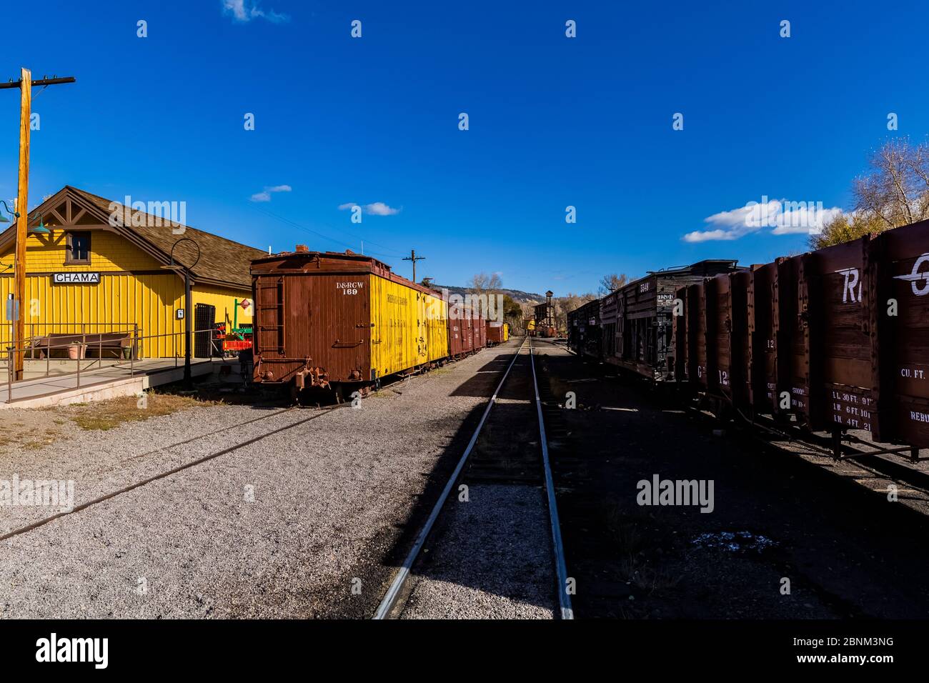 Depot and rail yard at the Chama Station of the Cumbres & Toltec Scenic Railroad in Chama, New Mexico, USA Stock Photo