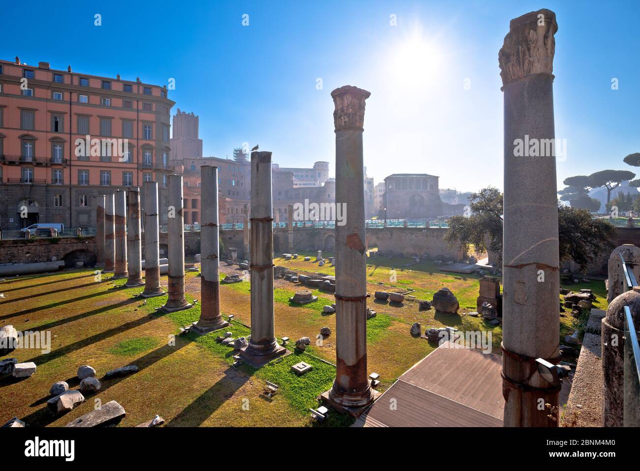 Rome. Ancient Trajans Forum square of Rome sun haze view, ruins of ...