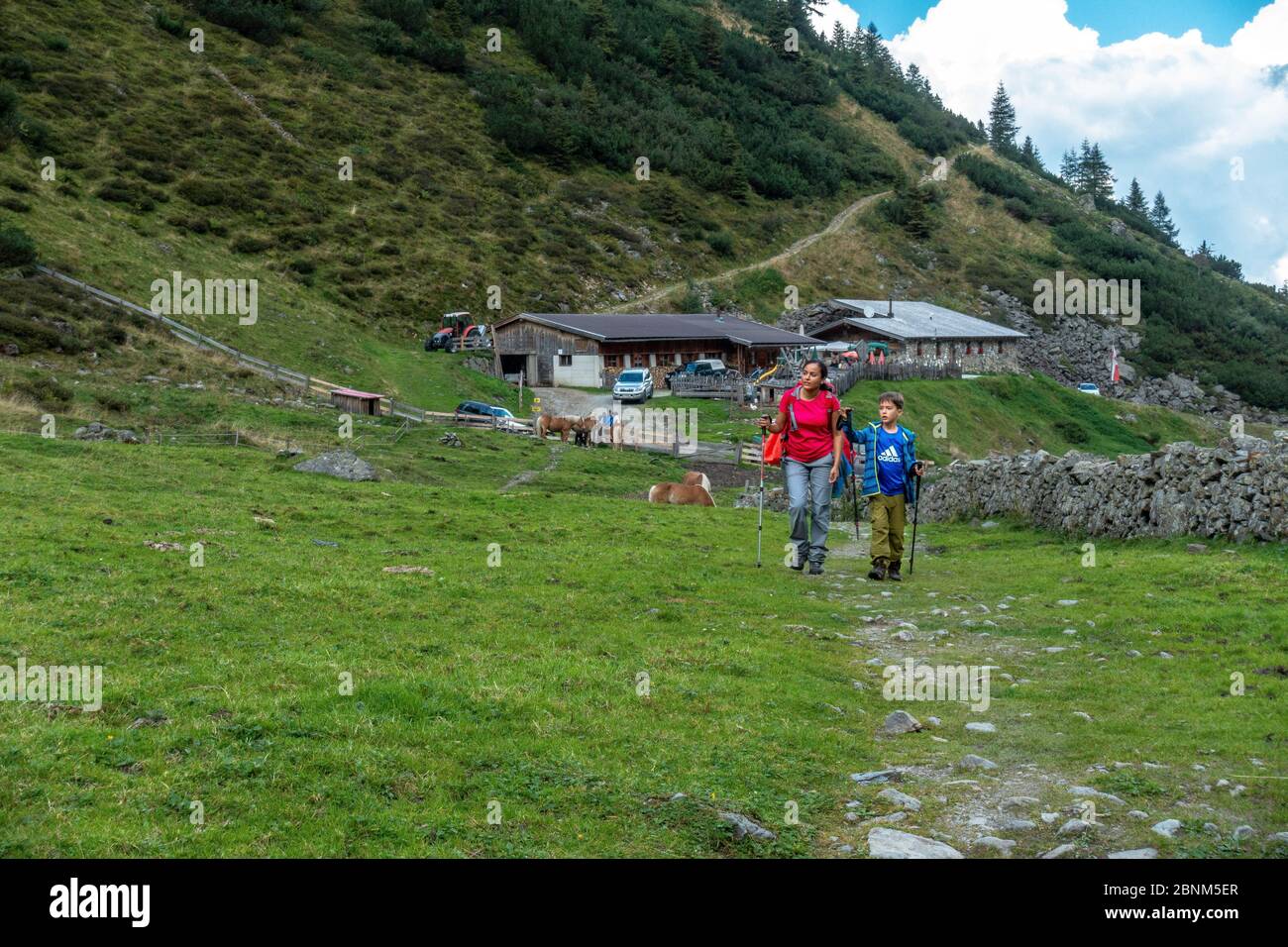 Europe, Austria, Tyrol, Stubai Alps, Neustift in the Stubai Valley, mother and son hike across a pasture at the Karalm in the Pinnistal Stock Photo