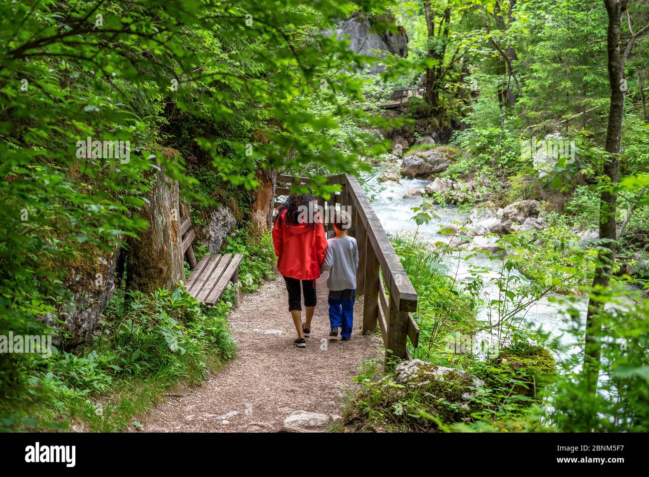 Europe, Germany, Bavaria, Alps, Berchtesgaden, mother and son hike ...