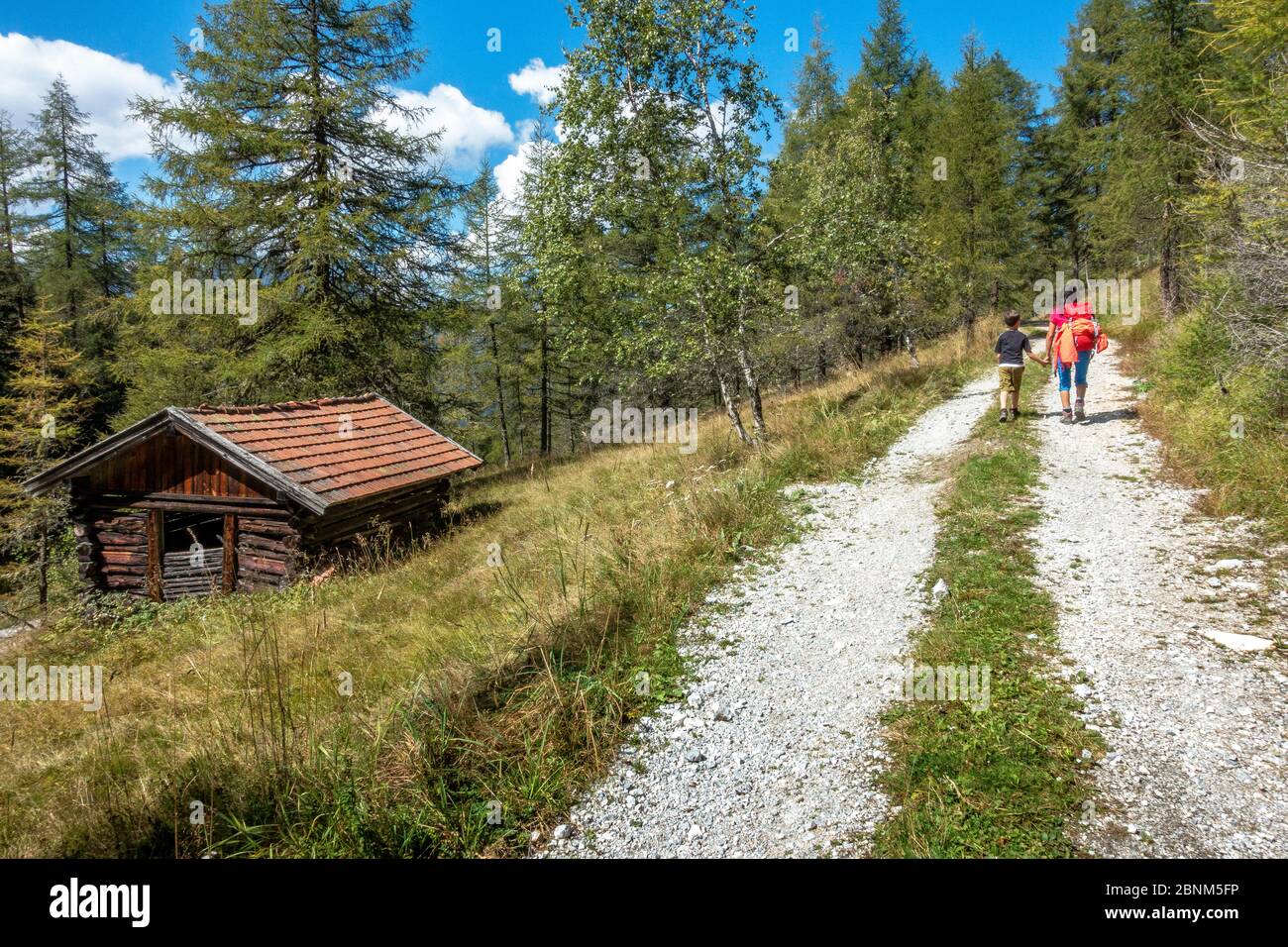 Europe, Austria, Tyrol, Stubai Alps, Neustift im Stubaital, mother and son hike to the Eulenwiesen natural setting in the Stubai Stock Photo