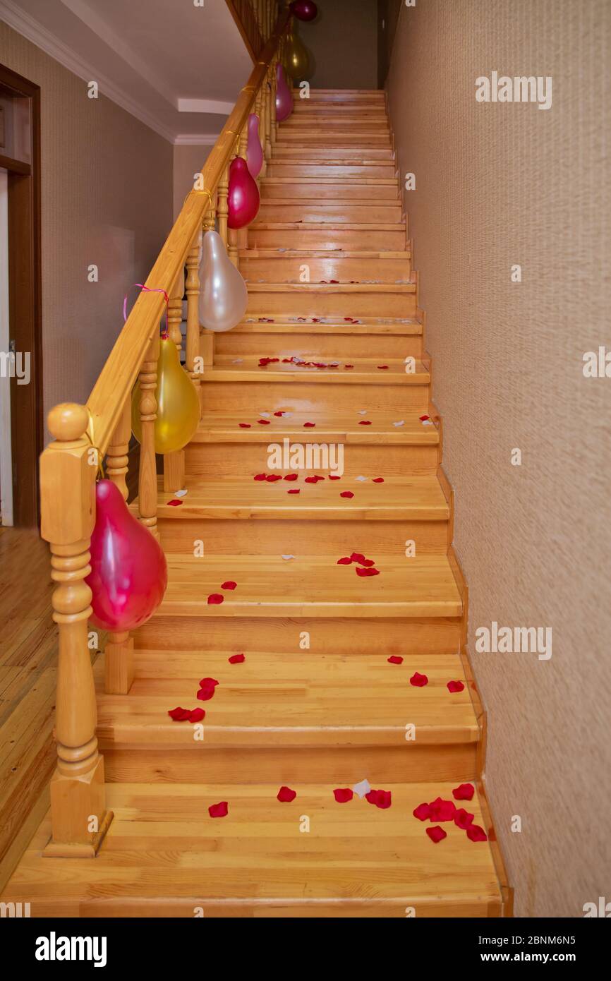 Petals of a red rose on a wooden staircase . Red, yellow, white balloons hanging on the handles of the stairs . Wooden staircase . Stock Photo