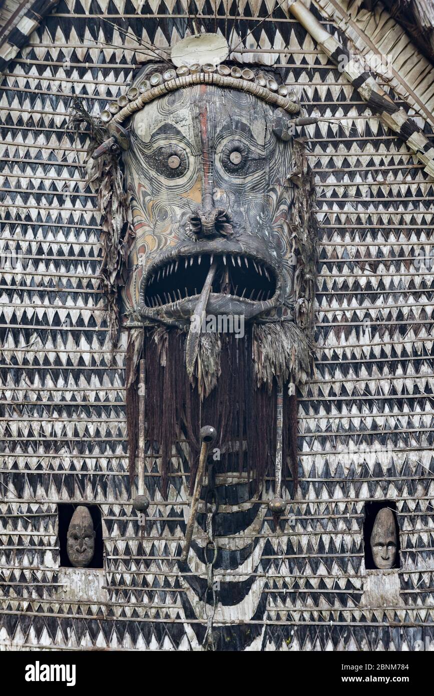 Traditional carvings on a Spirit House or Haus Tambaran. Yamok Village, East Sepik Province, Papua New Guinea. June Stock Photo