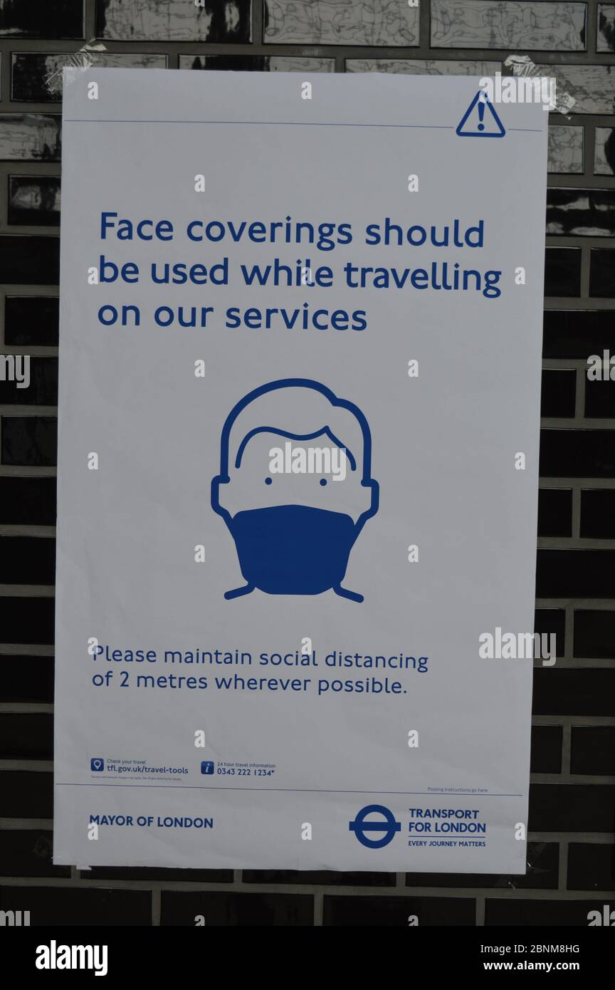 London, UK. 15 May, 2020. TFL provides information to commuters on face covering and social distancing measures in place. Stock Photo