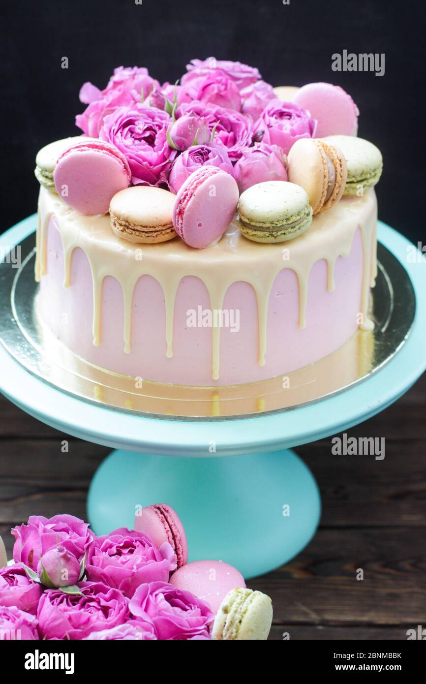 Modern pink cake with melted chocolate, fresh roses and macaroons ...