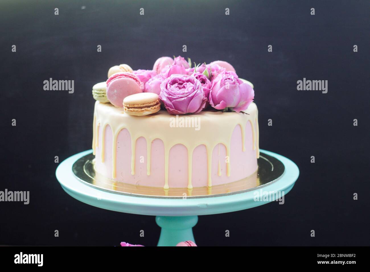 Modern pink cake with melted chocolate, fresh roses and macaroons ...