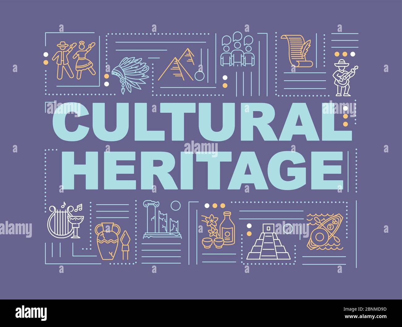 Culture and history word concepts banner. Antique artifact. Folklore and customs. Infographics with linear icons on violet background. Isolated typography. Vector outline RGB color illustration Stock Vector