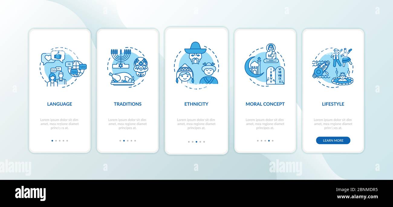 Multi cultural traditions onboarding mobile app page screen with concepts. Global cultural heritage walkthrough 5 steps graphic instructions. UI vector template with RGB color illustrations Stock Vector