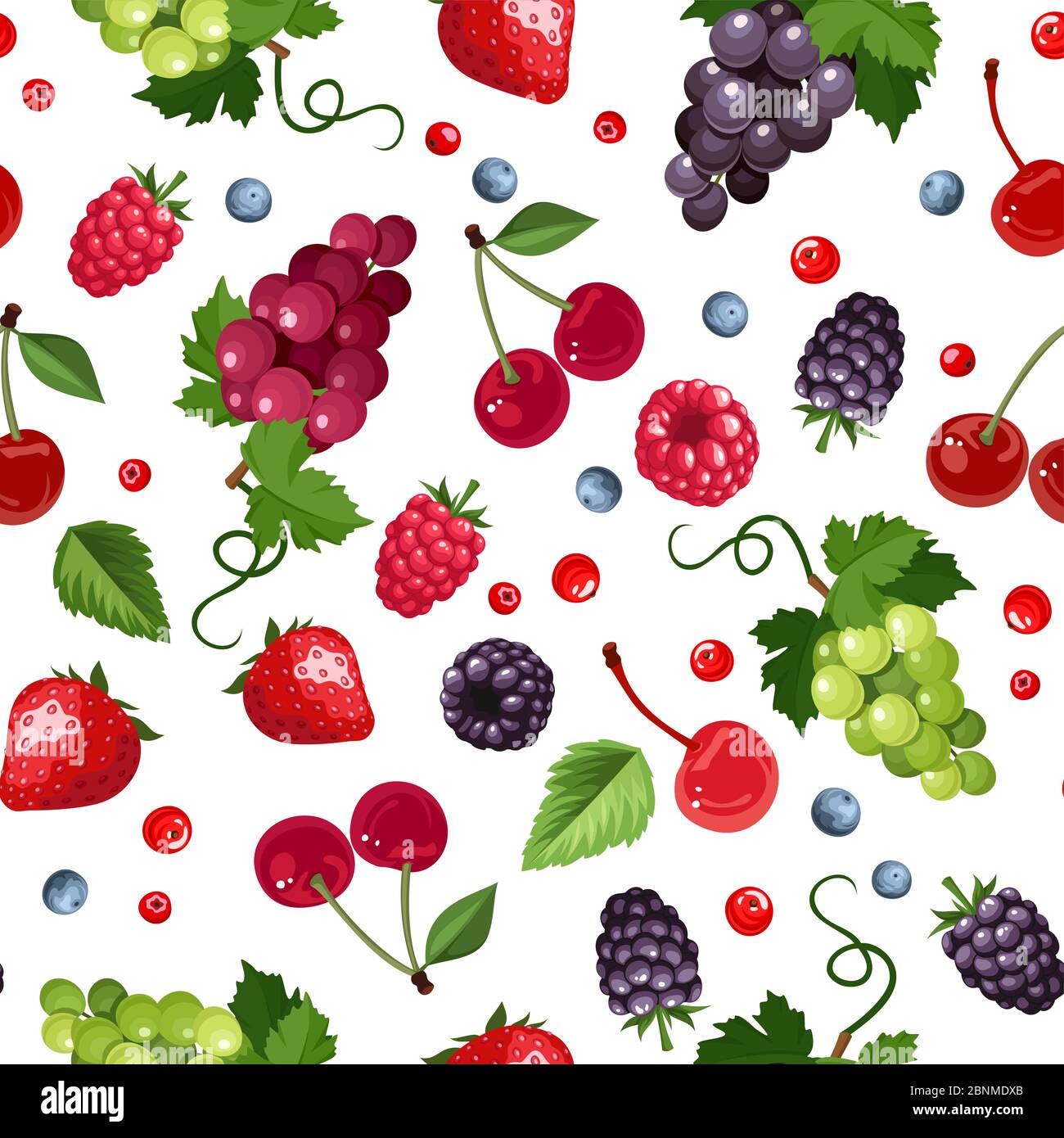 Vector seamless background with strawberries, raspberries, grapes, blackberries, cherries, blueberries and current berries. Stock Vector