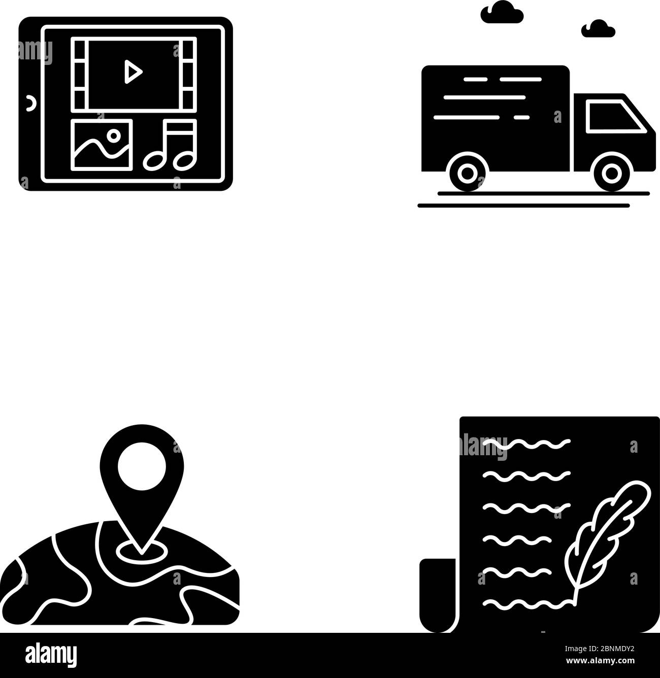 Social media shop black glyph icons set on white space. Multimedia on ...