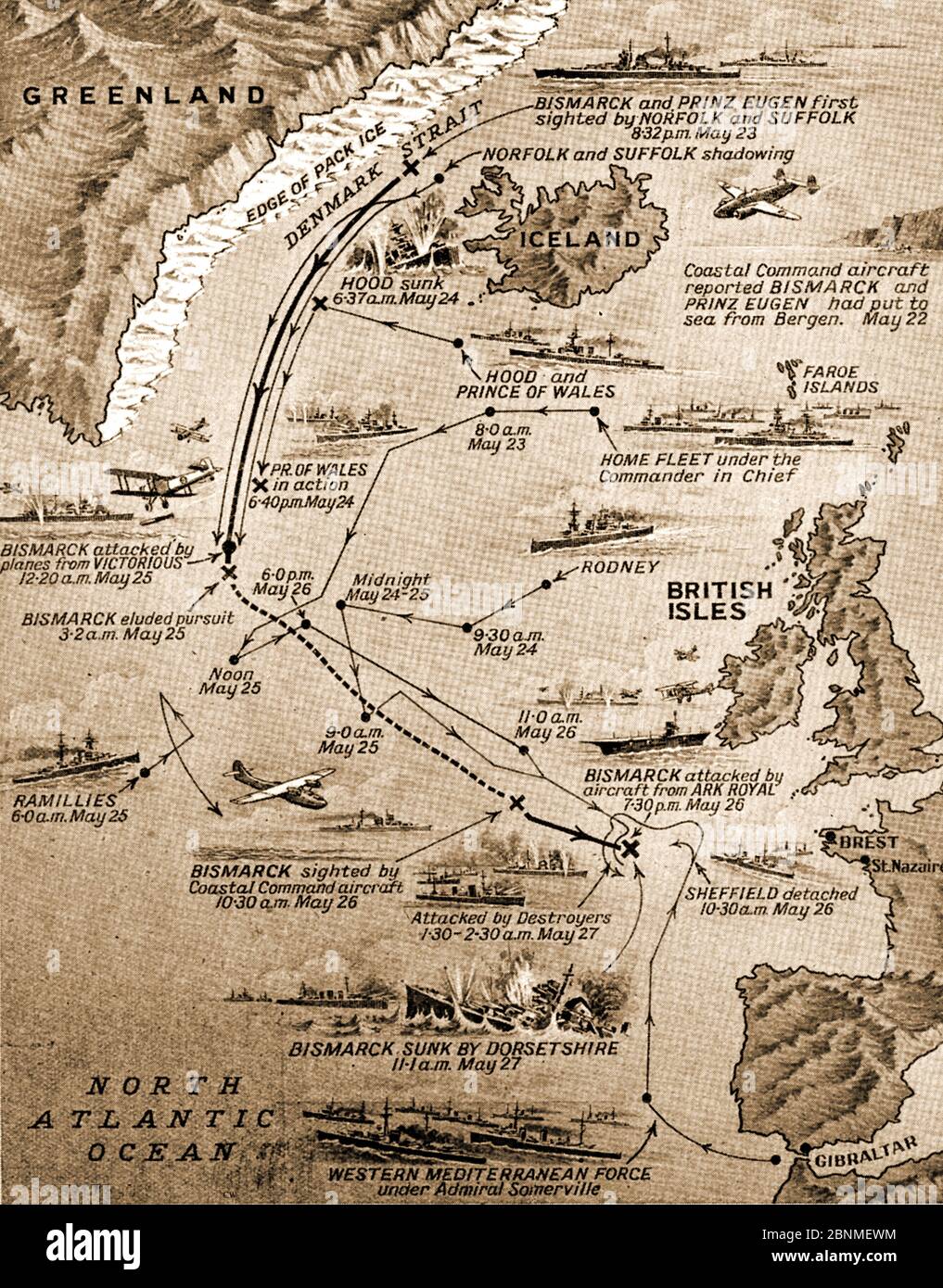 WWII -  A pictorial map from 1941   printed soon after the sinking of H.M.S. Hood  and the Bismarck showing shipping movements and their route before the sinking of the vessels. Stock Photo