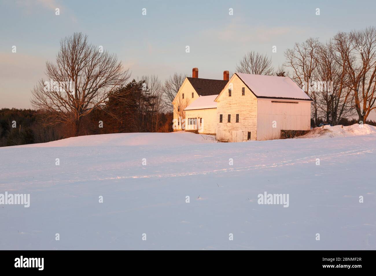 Wagon Hill Farm in Durham, New Hampshire at sunset during the winter 