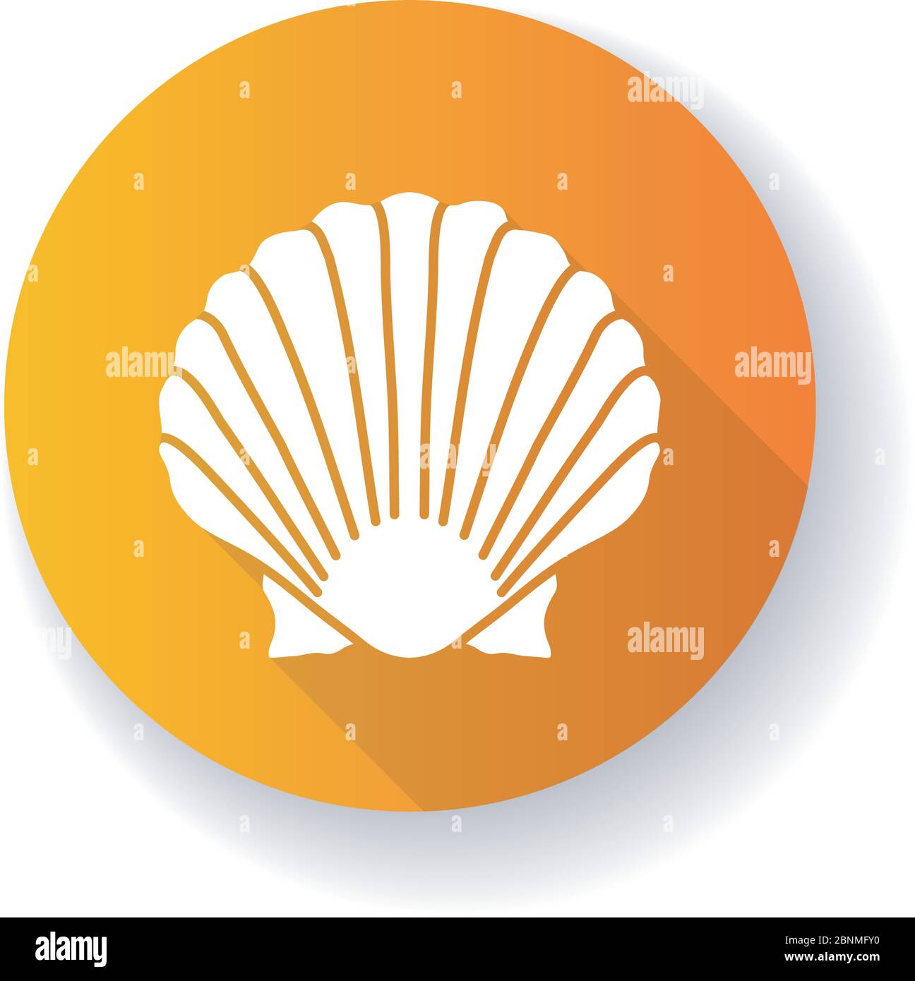 Scallop shell yellow flat design long shadow glyph icon. Exotic seashell, decorative conch. Ocean souvenir, conchology Chlamys imbricatus. Oyster, clam shell silhouette RGB color illustration Stock Vector