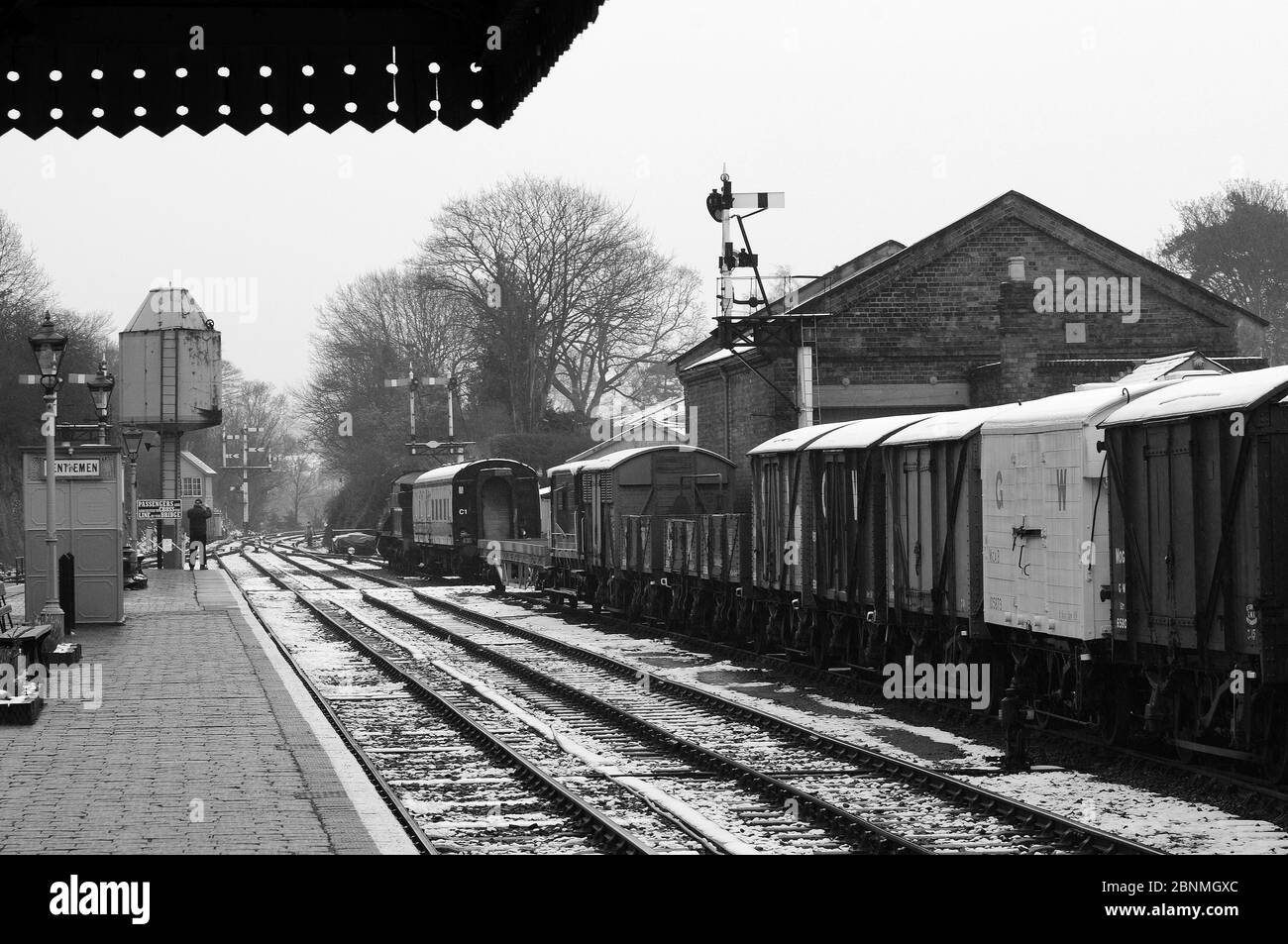 Trucks and goods wagons in the sidings at Bewdley Statopn. 2857 can be made out at the far end of the train. Stock Photo