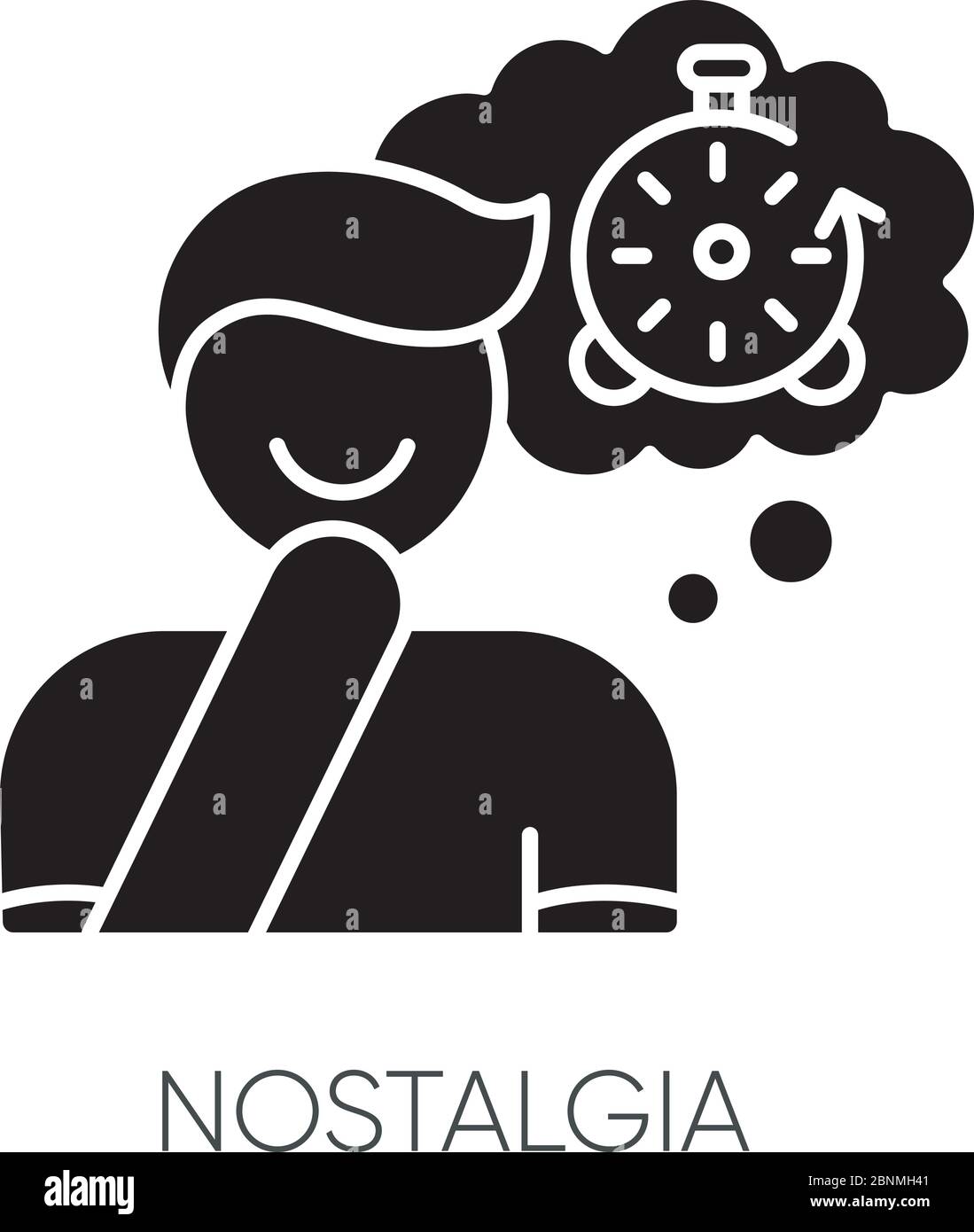 Nostalgia black glyph icon. Positive mood. Man feeling sentimental. Person reflecting on past. Memory trigger. Emotional intelligence. Silhouette symbol on white space. Vector isolated illustration Stock Vector