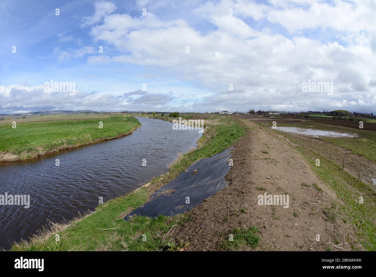 Flood defence dyke repaired after major breach during winter storms led to arable farmland becoming flooded in an area where Eurasian beavers (Castor Stock Photo