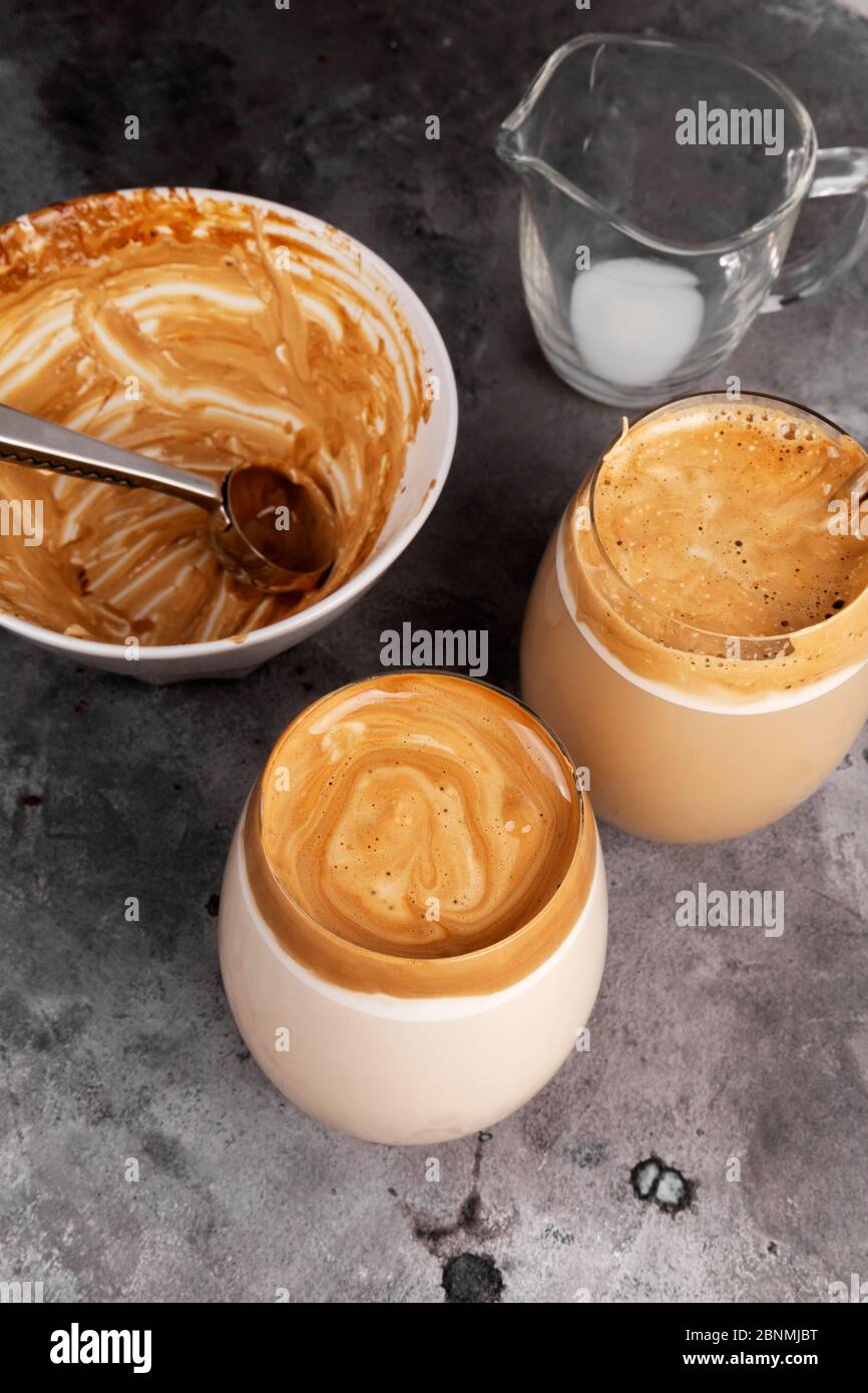 Popular drink Korean dargon coffee made of instant coffee, sugar, hot