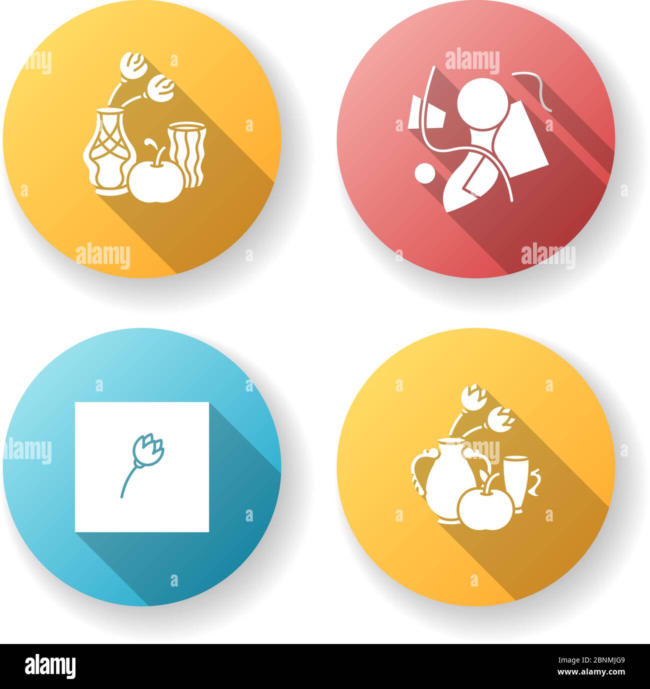 Art movements flat design long shadow glyph icons set. Modern paintings exhibition. Art nouveau