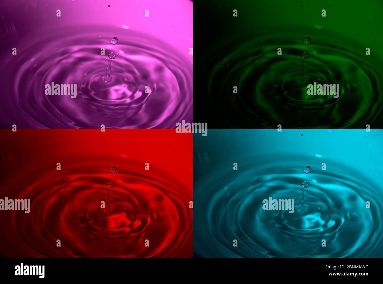 Illustration with four photos of water drops, red, cyan, green and ...