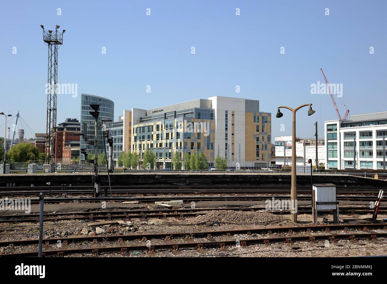Looking from platform 11 of Bristol Temple Meads towards the city. Stock Photo