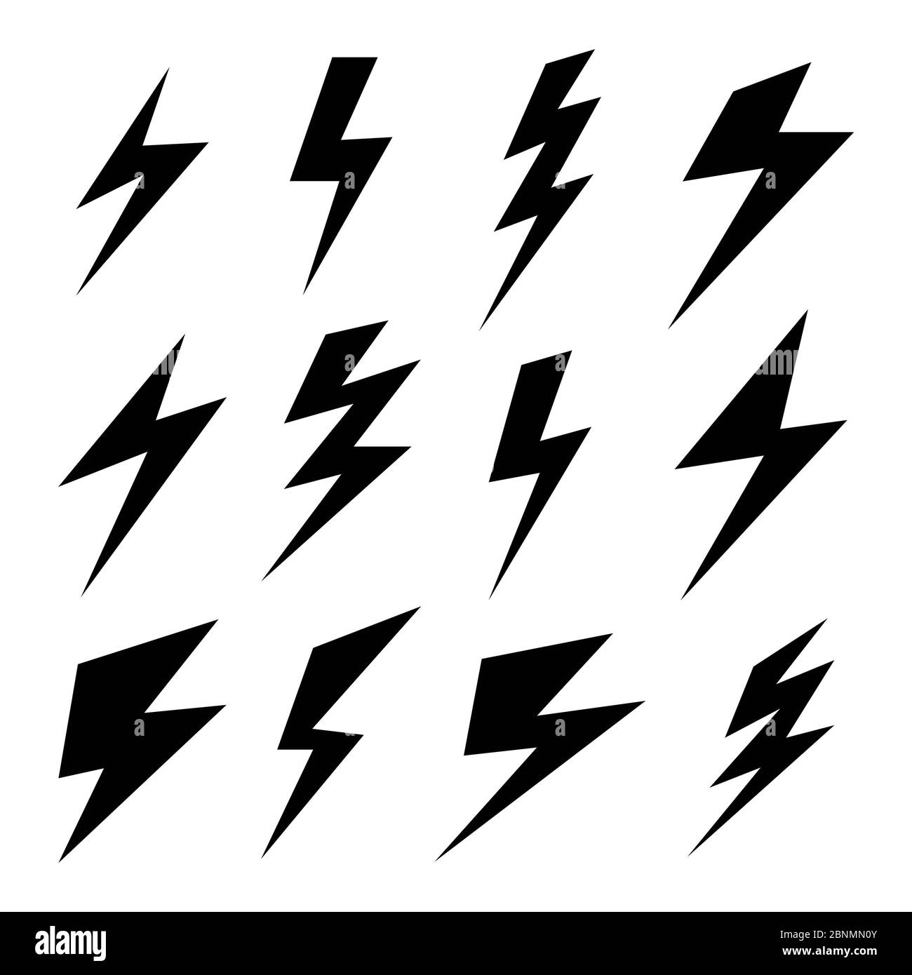 Black icons of thunder or lightning vector signs. Thunder strike logo Stock Photo