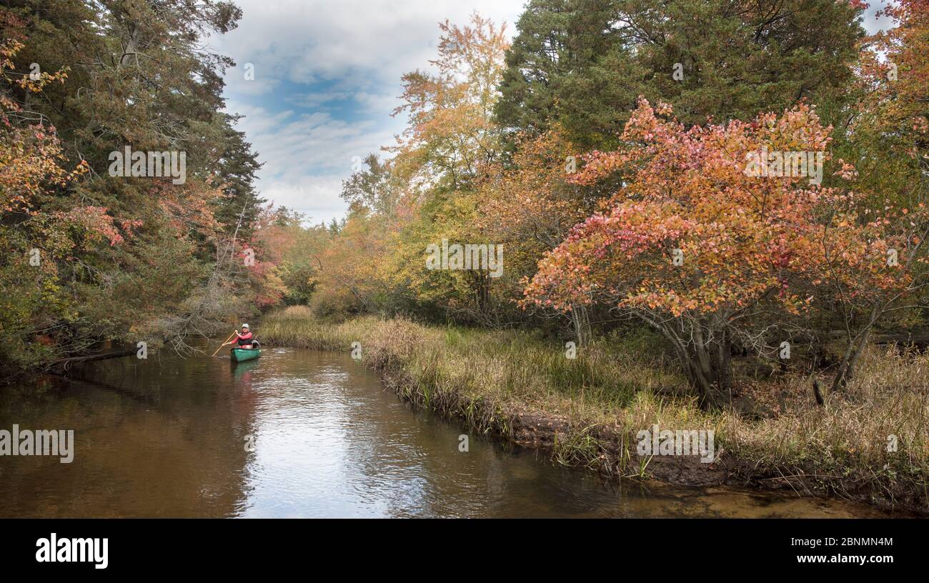 Exploring in a canoe down the Batsto River in autumn, Warrton State