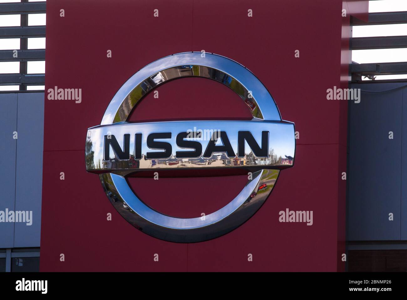 RIGA, LATVIA. 7th May 2020. NISSAN company logo on automobile centre building. Nissan Motor Corporation is a Japanese multinational automobile manufac Stock Photo