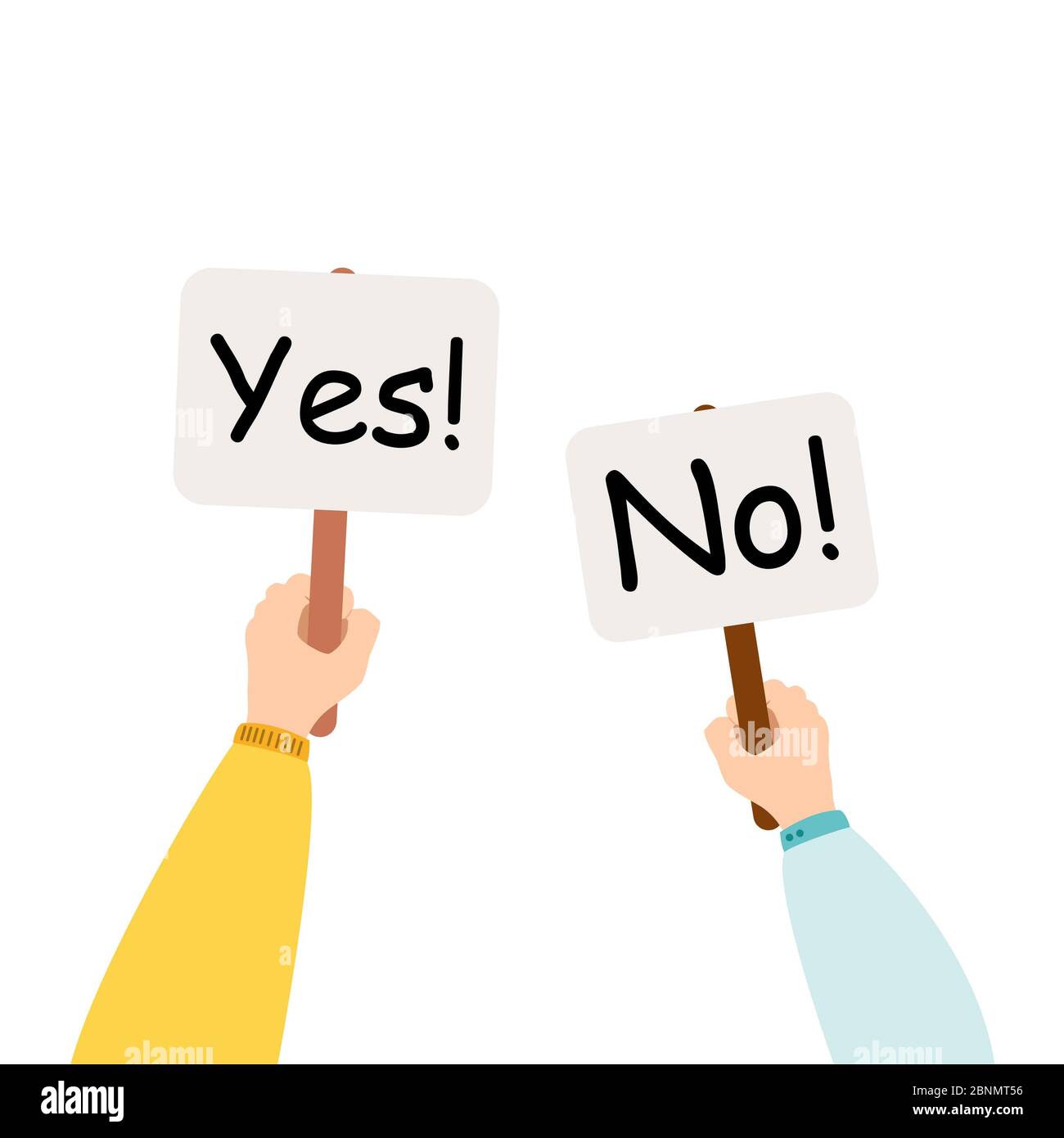 Cartoon vector illustration of Yes No banner in human hand on white background. Test question. Choice hesitate, dispute, opposition, choice, dilemma, Stock Photo