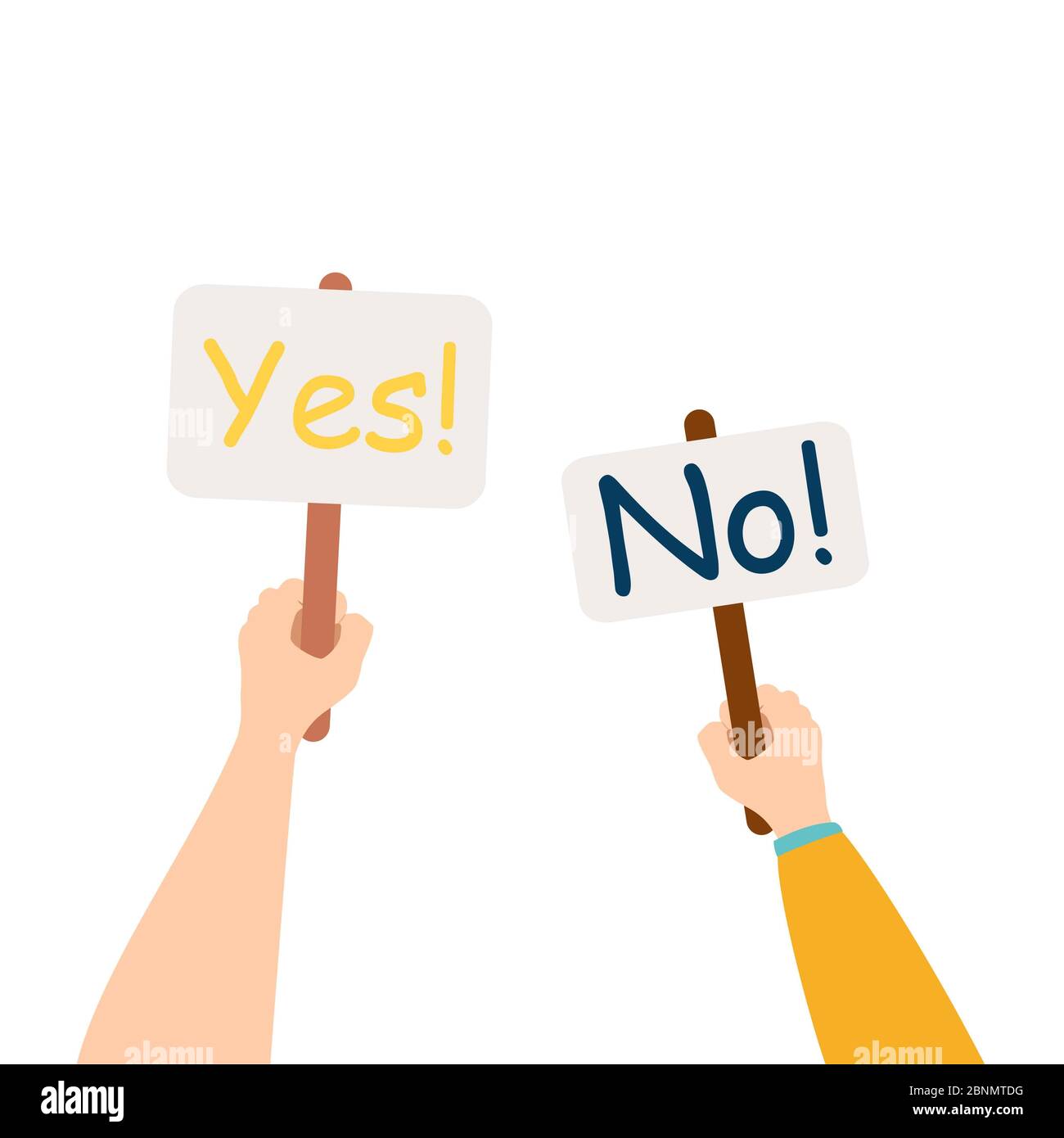 Cartoon vector illustration of Yes No banner in human hand on white background. Test question. Choice hesitate, dispute, opposition, choice, dilemma, Stock Photo