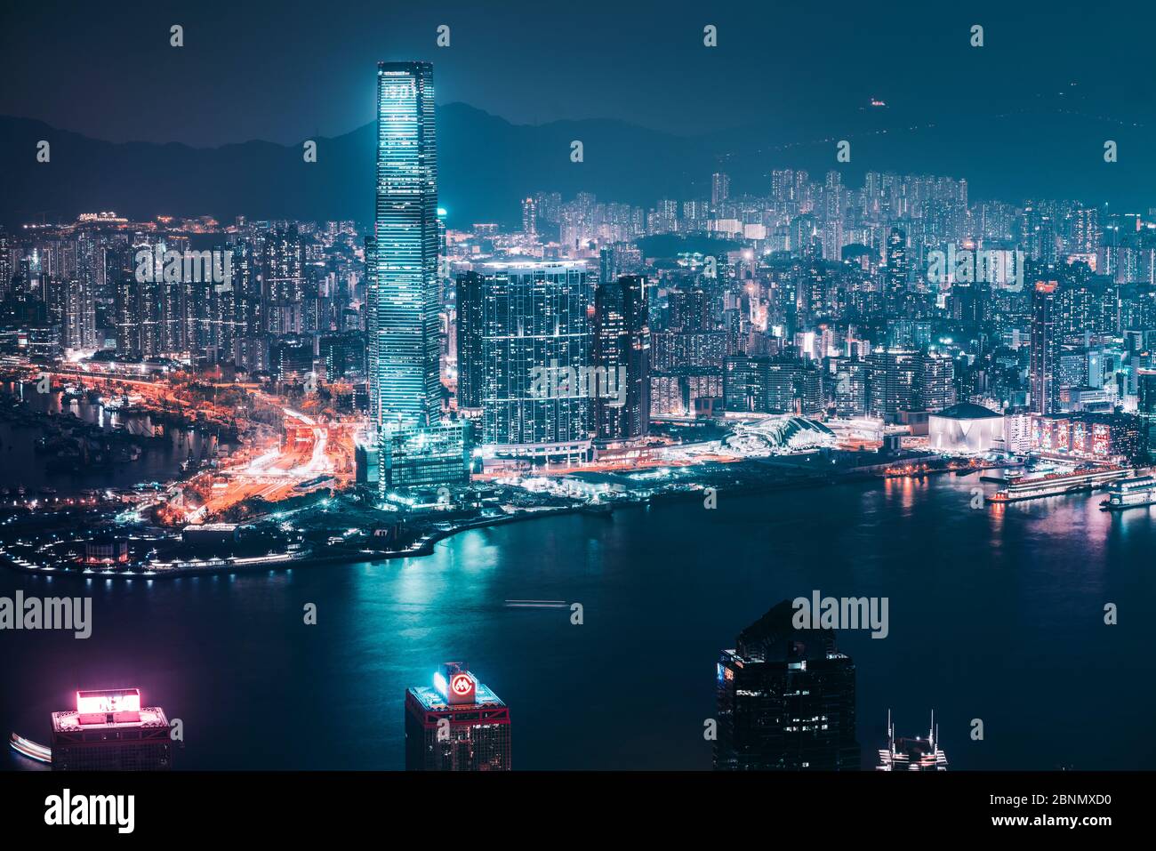 Asia, China, Hong Kong, Kowloon, Tsim Sha Tsui, ICC, International Commerce Center, Victoria Harbor Stock Photo