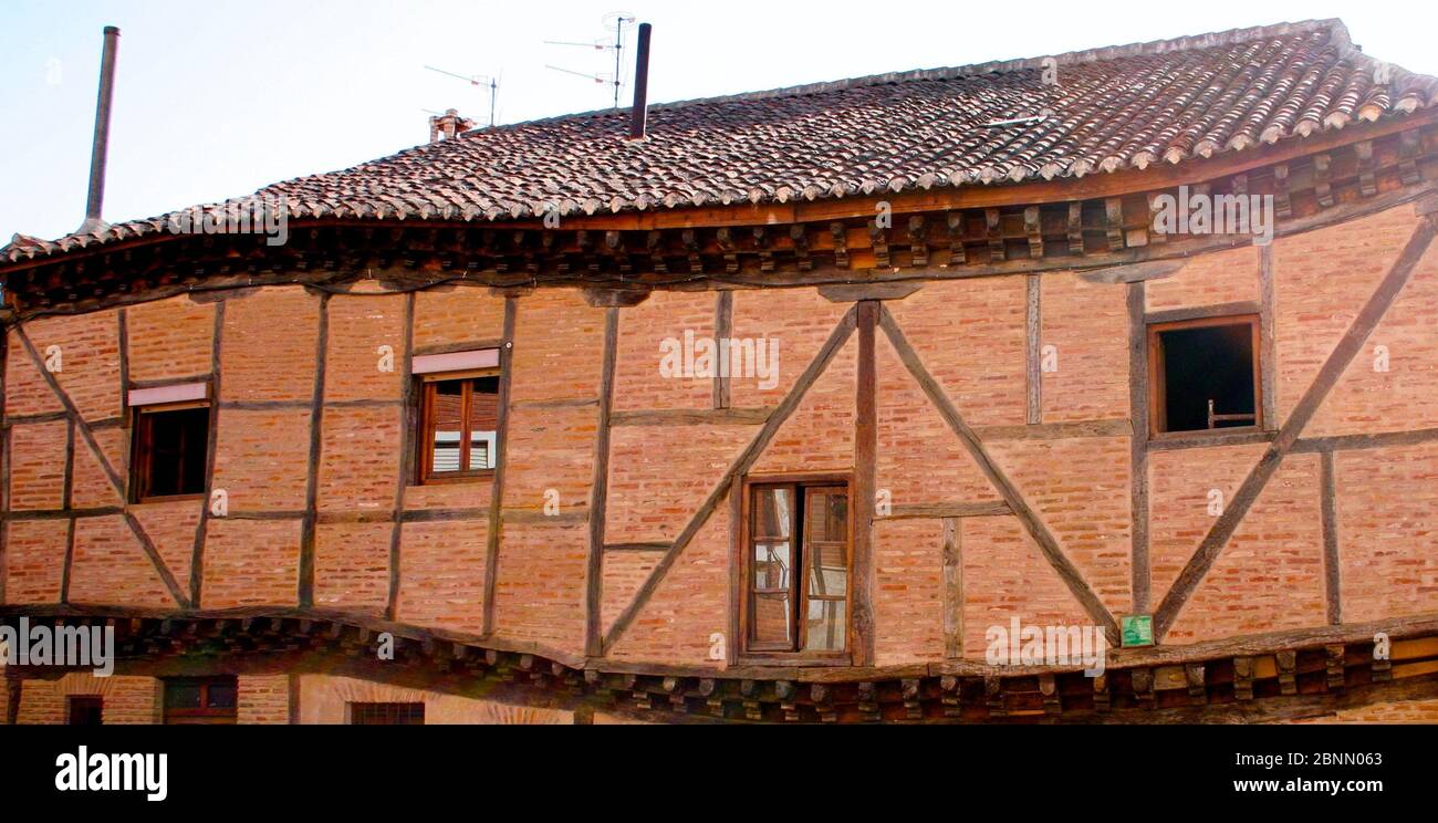 Famous 16th century La Casa Torcida or The Crooked House Restaurant under repair in Saldaña Palencia Castile and Leon Spain Stock Photo