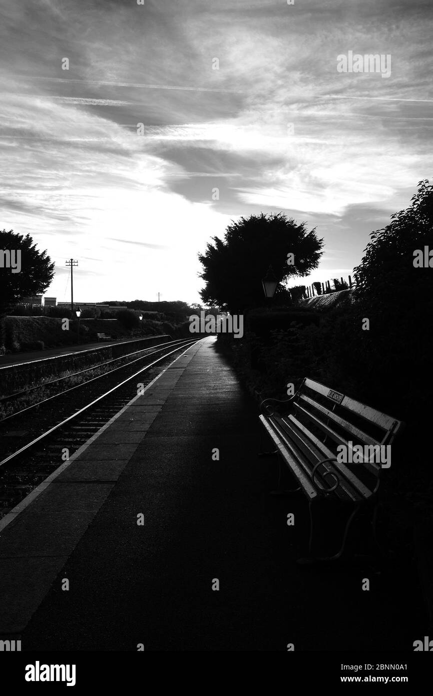 Looking east into the sunrise at Blue Anchor Station. Stock Photo