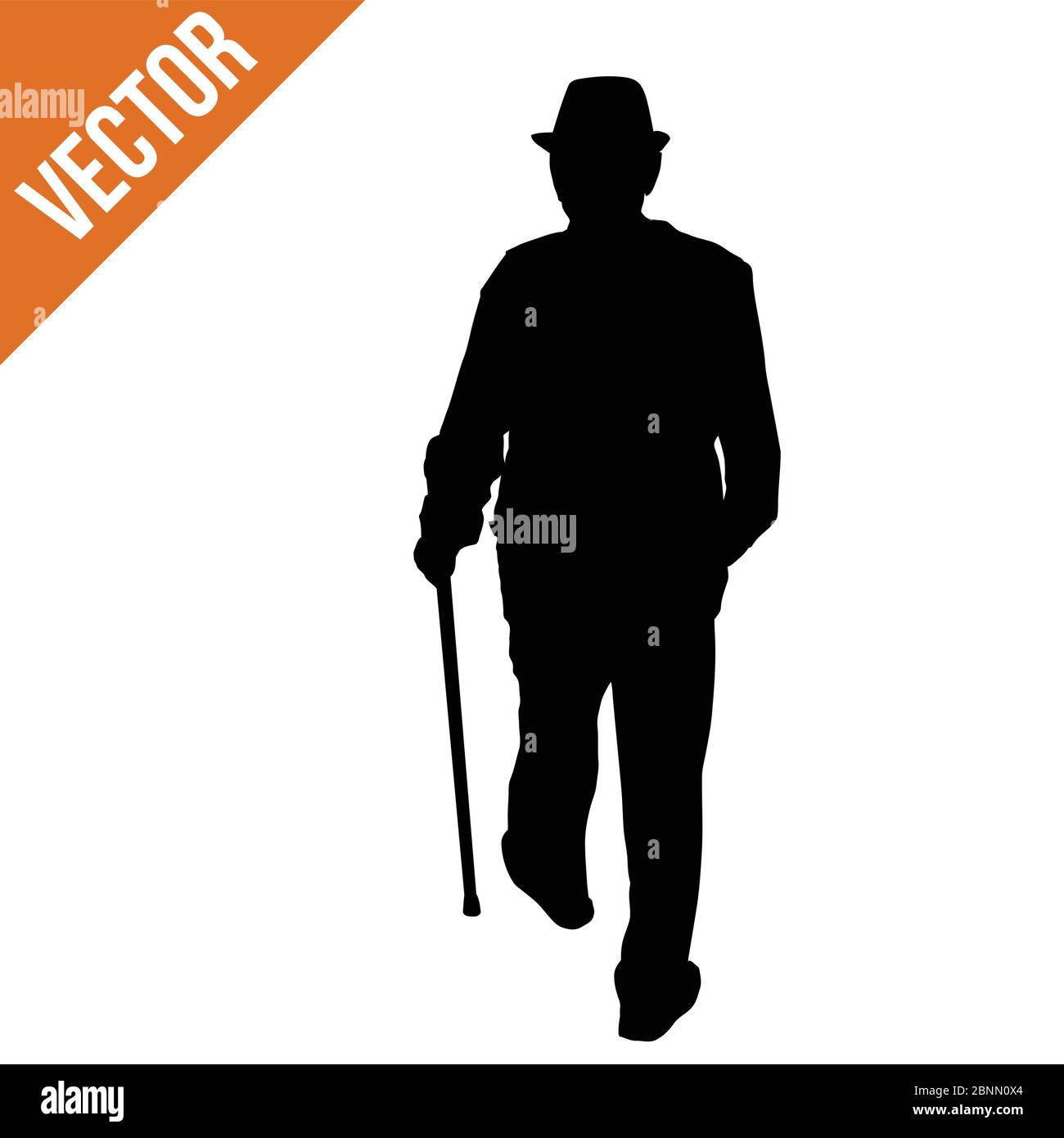 Old man silhouette with stick on white background, vector illustration ...