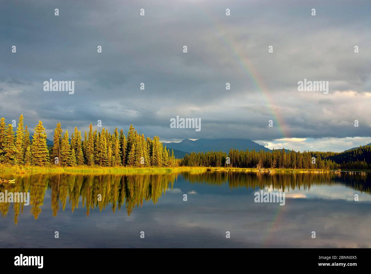 Rainbow on a lake, Alaska, USA Stock Photo