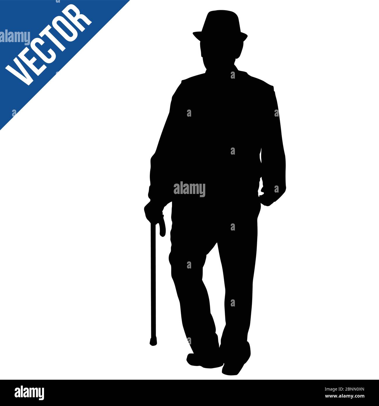 Old man silhouette with stick on white background, vector illustration ...