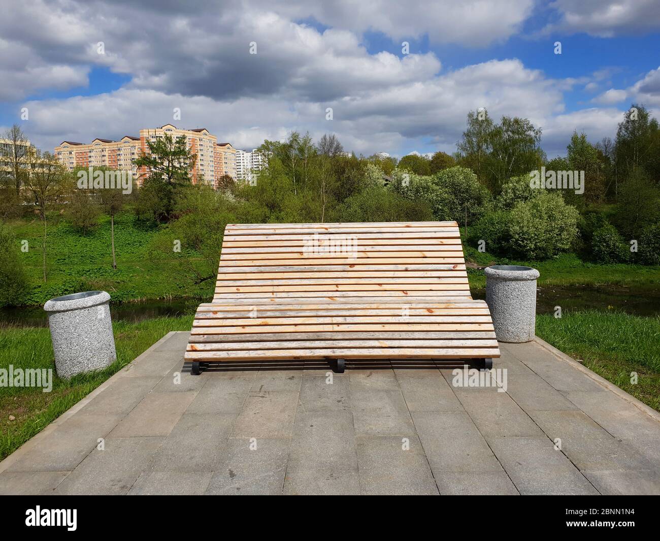 boulevard with wooden benches in Zelenograd in Moscow, Russia Stock Photo
