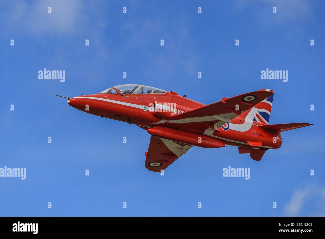 RAF Scampton, Lincolnshire, UK. 15th May 2020. The RAF Red Arrows in training at RAF Scampton during the Covid 19 Pandemic Credit: News Images /Alamy Live News Stock Photo