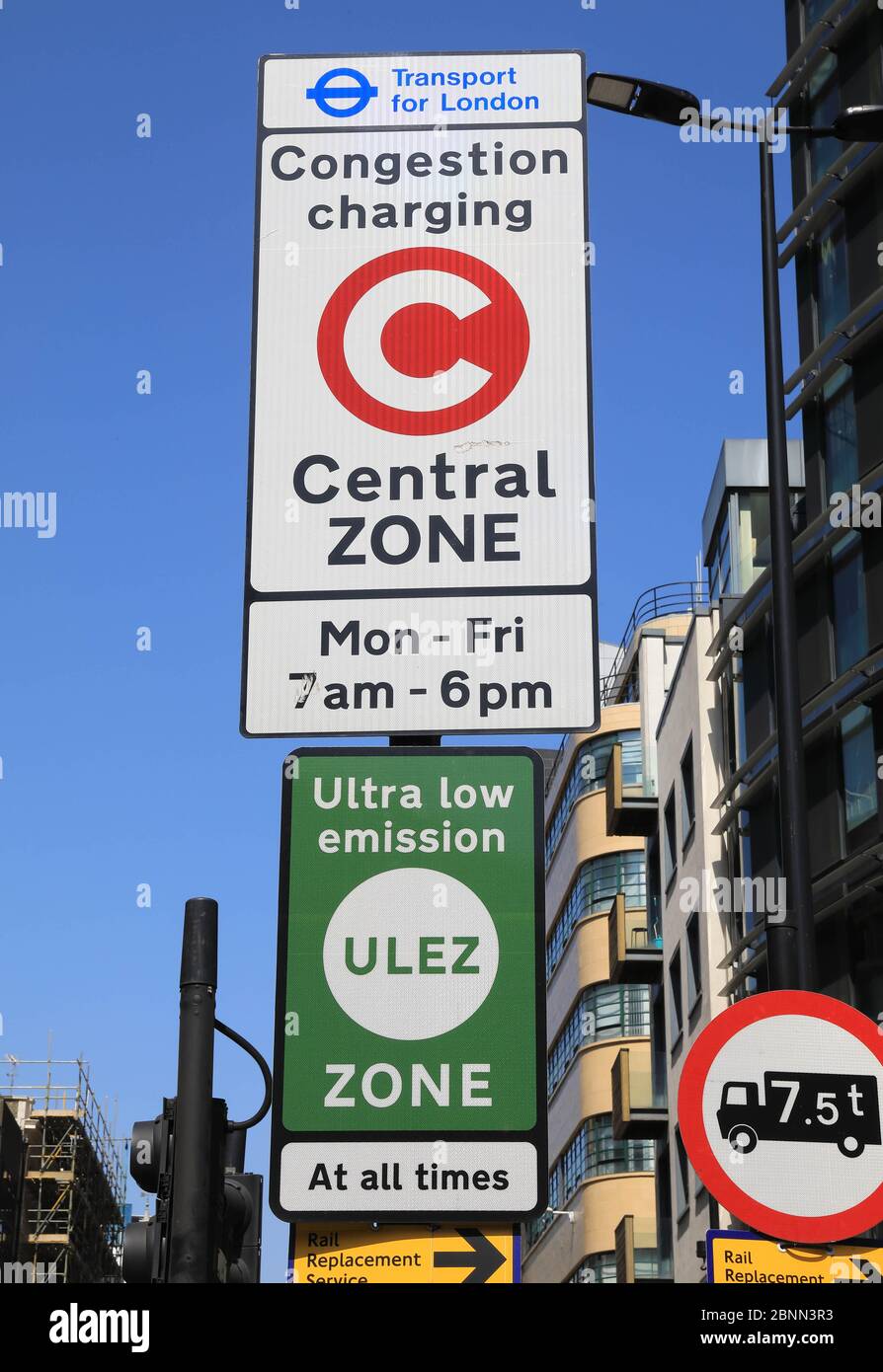 Entering ULEZ and congestion zones in central London, UK Stock Photo