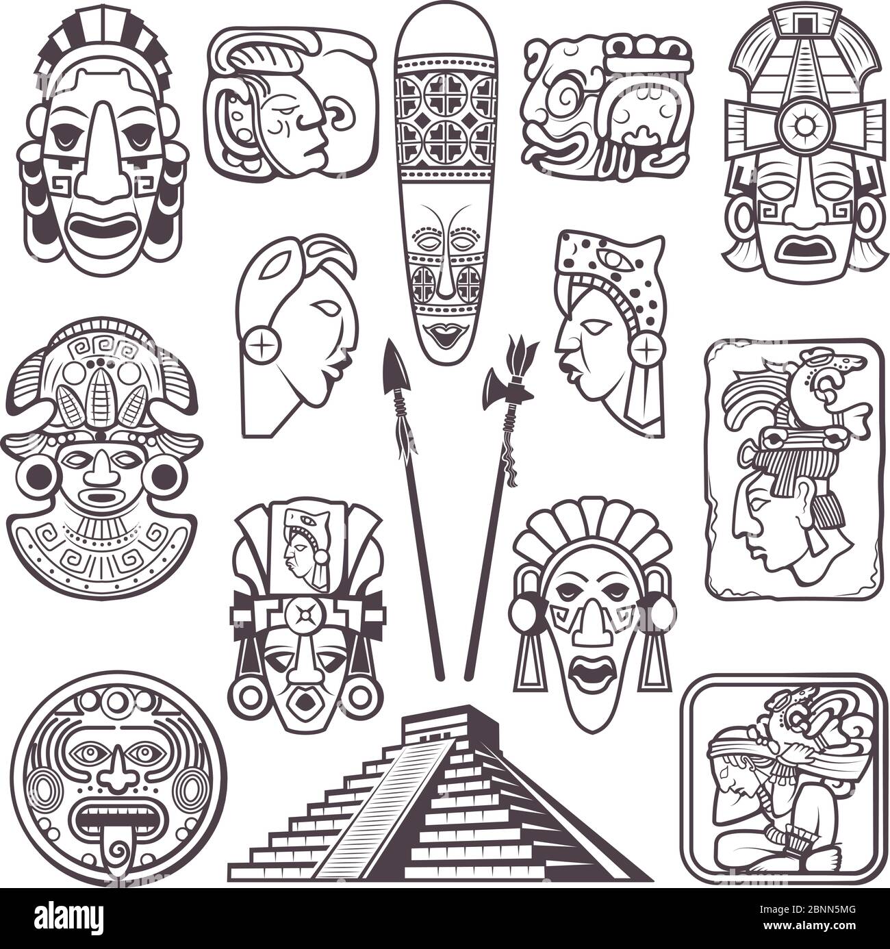 Monochrome pictures set of mayan culture symbols. Tribal masks and totems Stock Vector